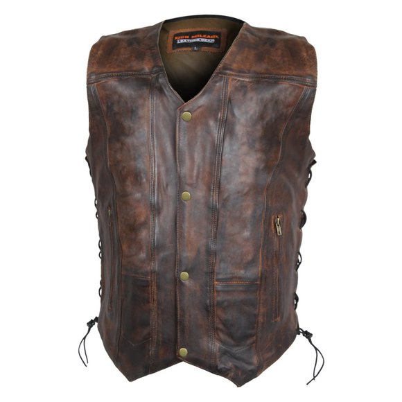 High Mileage Men's Vintage Brown Ten Pocket Leather Vest - Picture 1 of 7